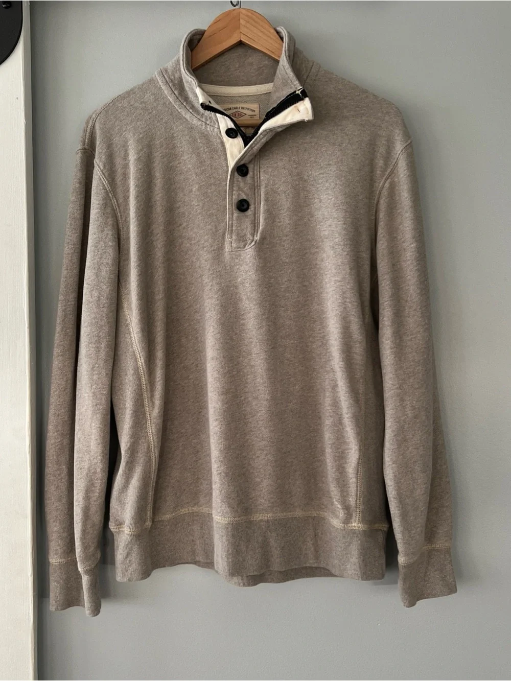 American Eagle Sweater Men's 4-Button 1/4 Zip 100% Cotton Vintage Fit Gray Beige